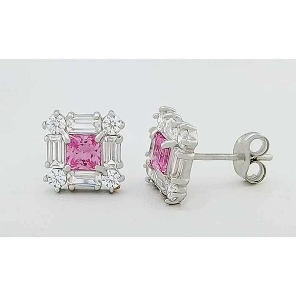 Created Pink & White Sapphires Stud Earrings Solid 14k White Gold